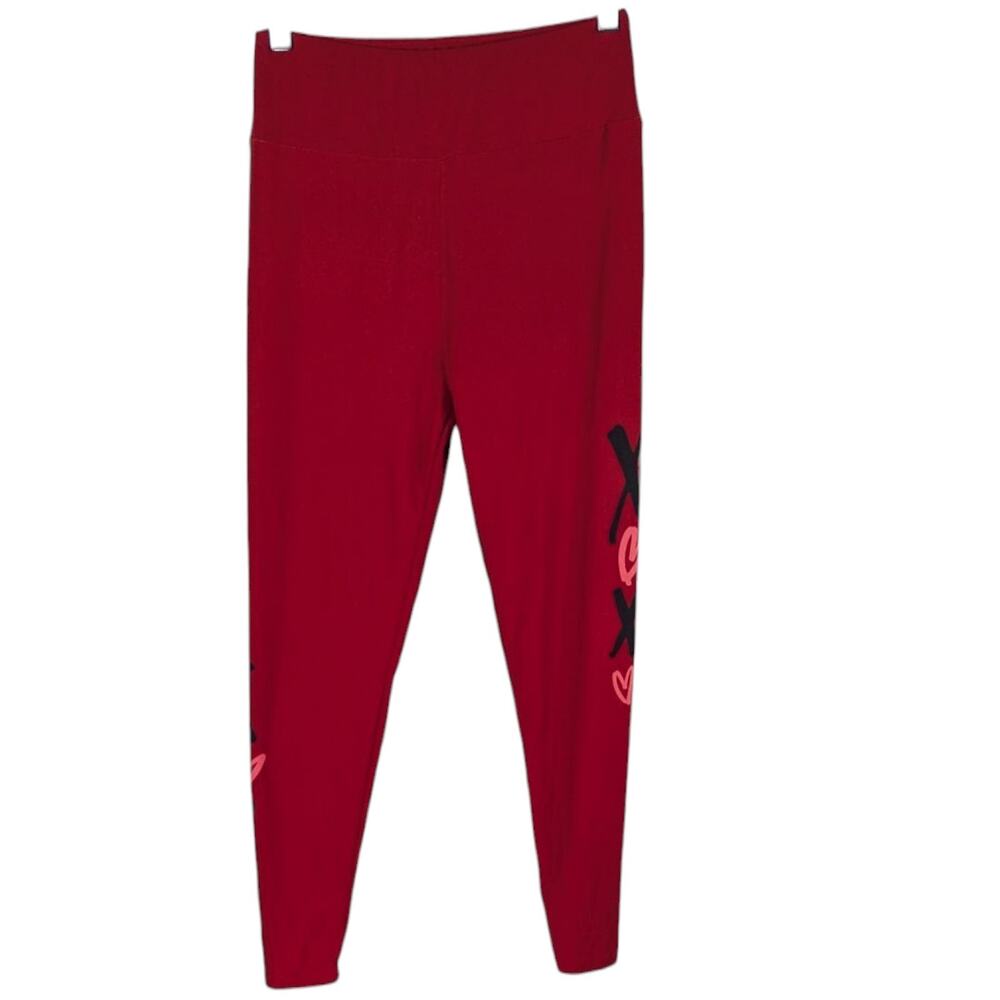 LuLaRoe Red Leggings with Hearts XOXO One Size Stretchy (Small Flaw)